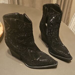 Very G Black Beaded Western Ankle Boots